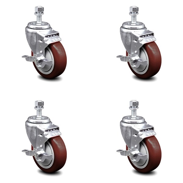 Service Caster 4 Inch Maroon Polyurethane Swivel 1/2 Inch Threaded Stem Caster Set with Brake SCC SCC-TS20S414-PPUB-MRN-TLB-121315-4 - main